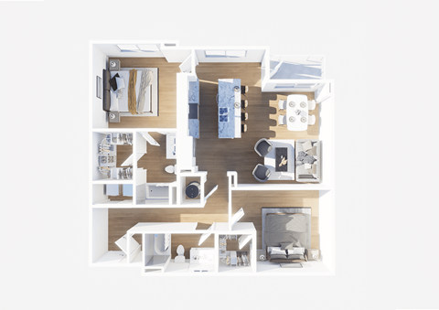 A top-down view of a well-organized apartment with a kitchen, living room, and bedroom.